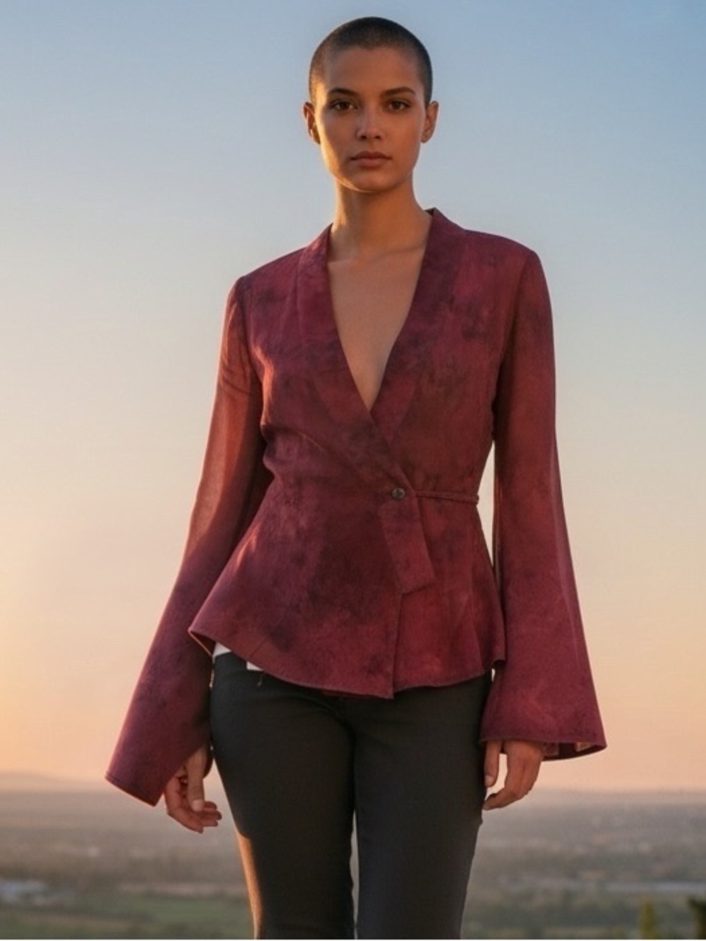 Bruno Deluc Deep Red with Veins of Black  Women's Peplum Blouse Jacket